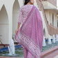 Jaitpuriya Women Mauve Embroidered Straight Kurta Bottom And Dupatta