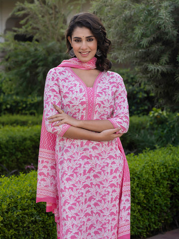 Jaitpuriya Women Pink Embroidered Straight Kurta Bottom And Dupatta