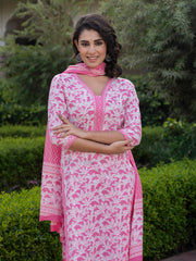 Jaitpuriya Women Pink Embroidered Straight Kurta Bottom And Dupatta
