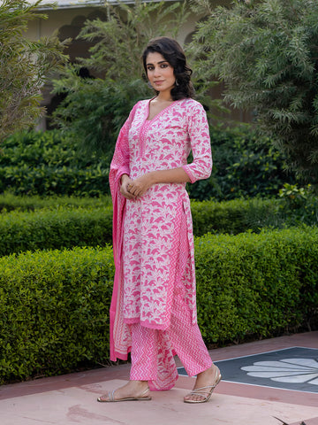 Jaitpuriya Women Pink Embroidered Straight Kurta Bottom And Dupatta