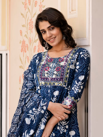 Jaitpuriya Women Blue Mirror Work Chikankari Anarkali Kurta Bottom And Dupatta