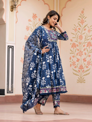 Jaitpuriya Women Blue Mirror Work Chikankari Anarkali Kurta Bottom And Dupatta