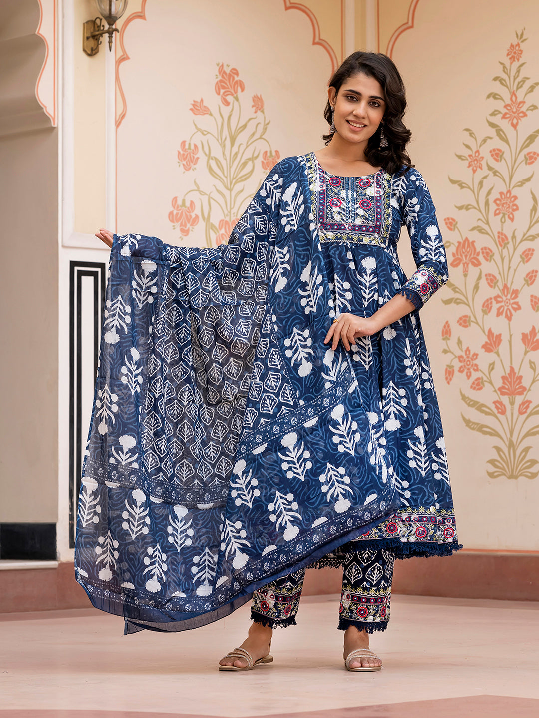 Jaitpuriya Women Blue Mirror Work Chikankari Anarkali Kurta Bottom And Dupatta