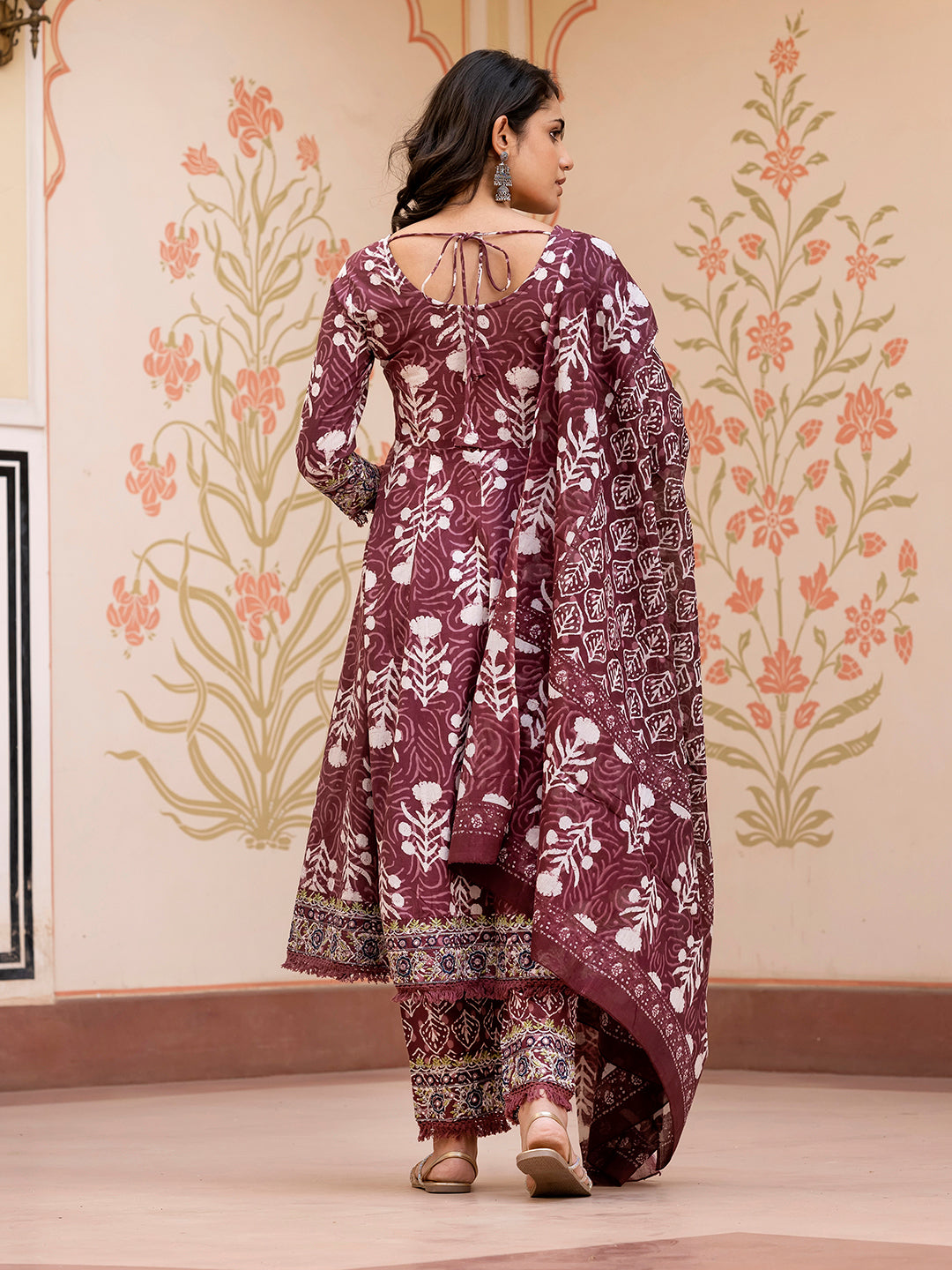 Jaitpuriya Women Brown Mirror Work Chikankari Anarkali Kurta Bottom And Dupatta
