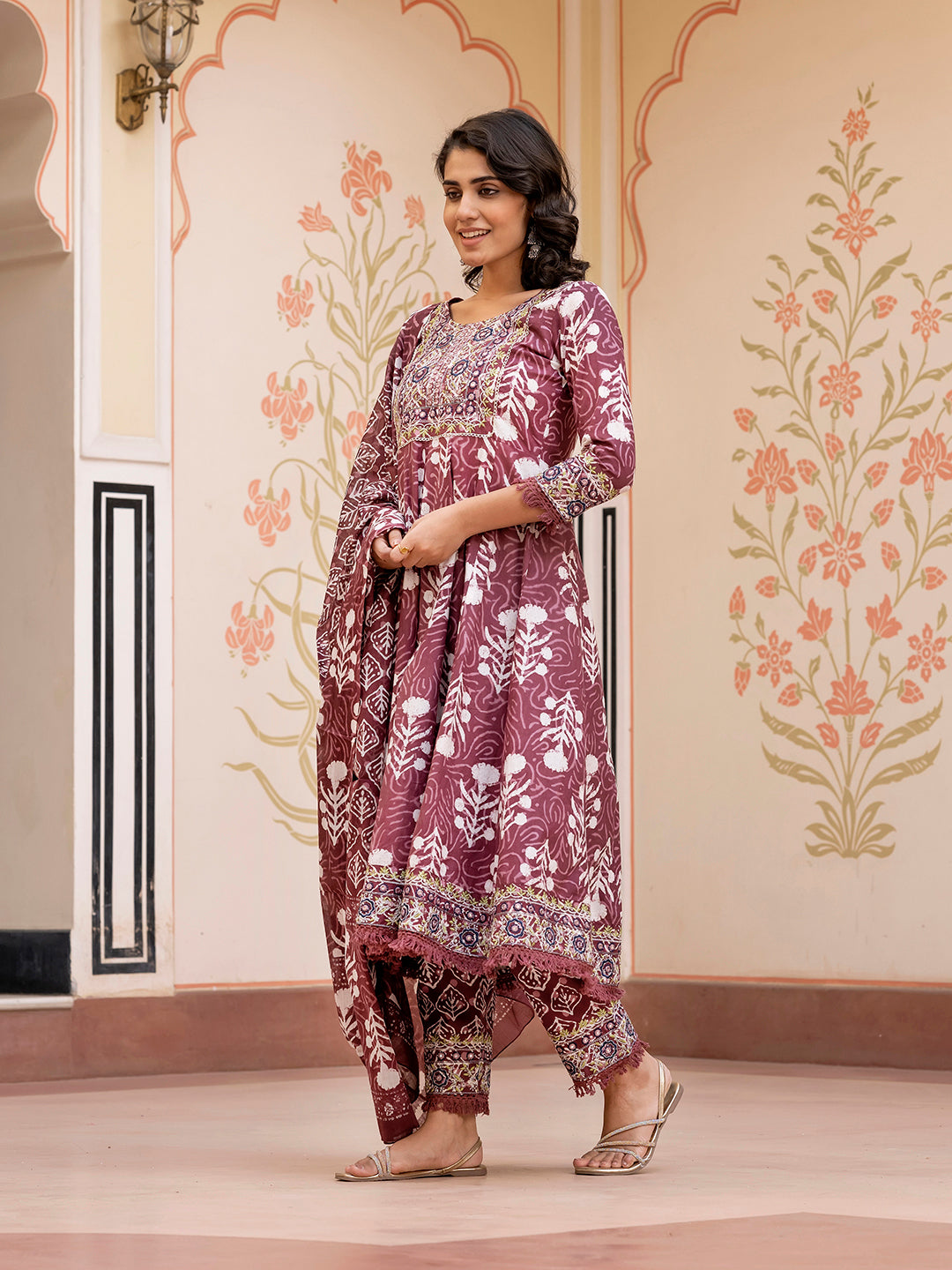 Jaitpuriya Women Brown Mirror Work Chikankari Anarkali Kurta Bottom And Dupatta