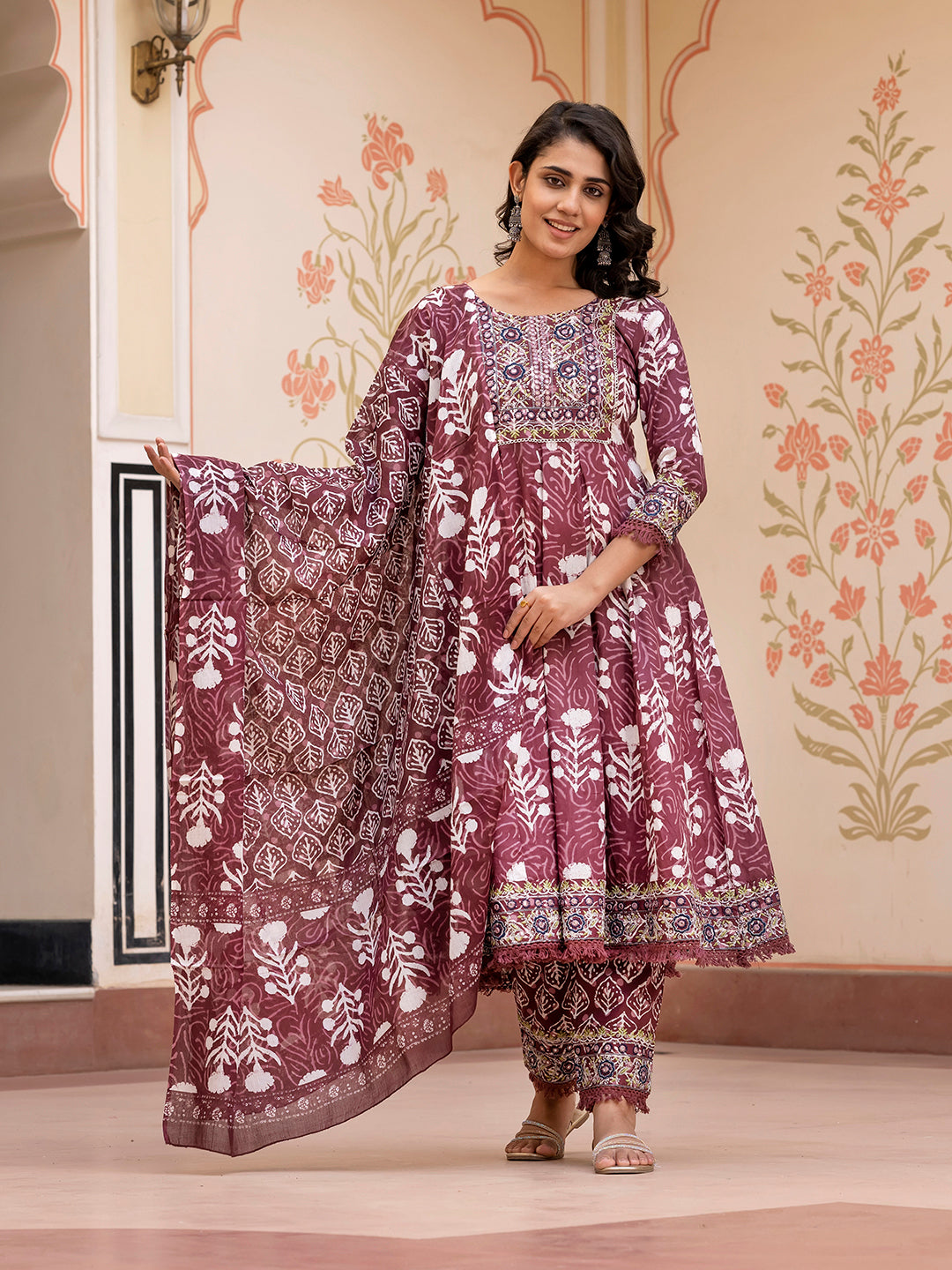 Jaitpuriya Women Brown Mirror Work Chikankari Anarkali Kurta Bottom And Dupatta