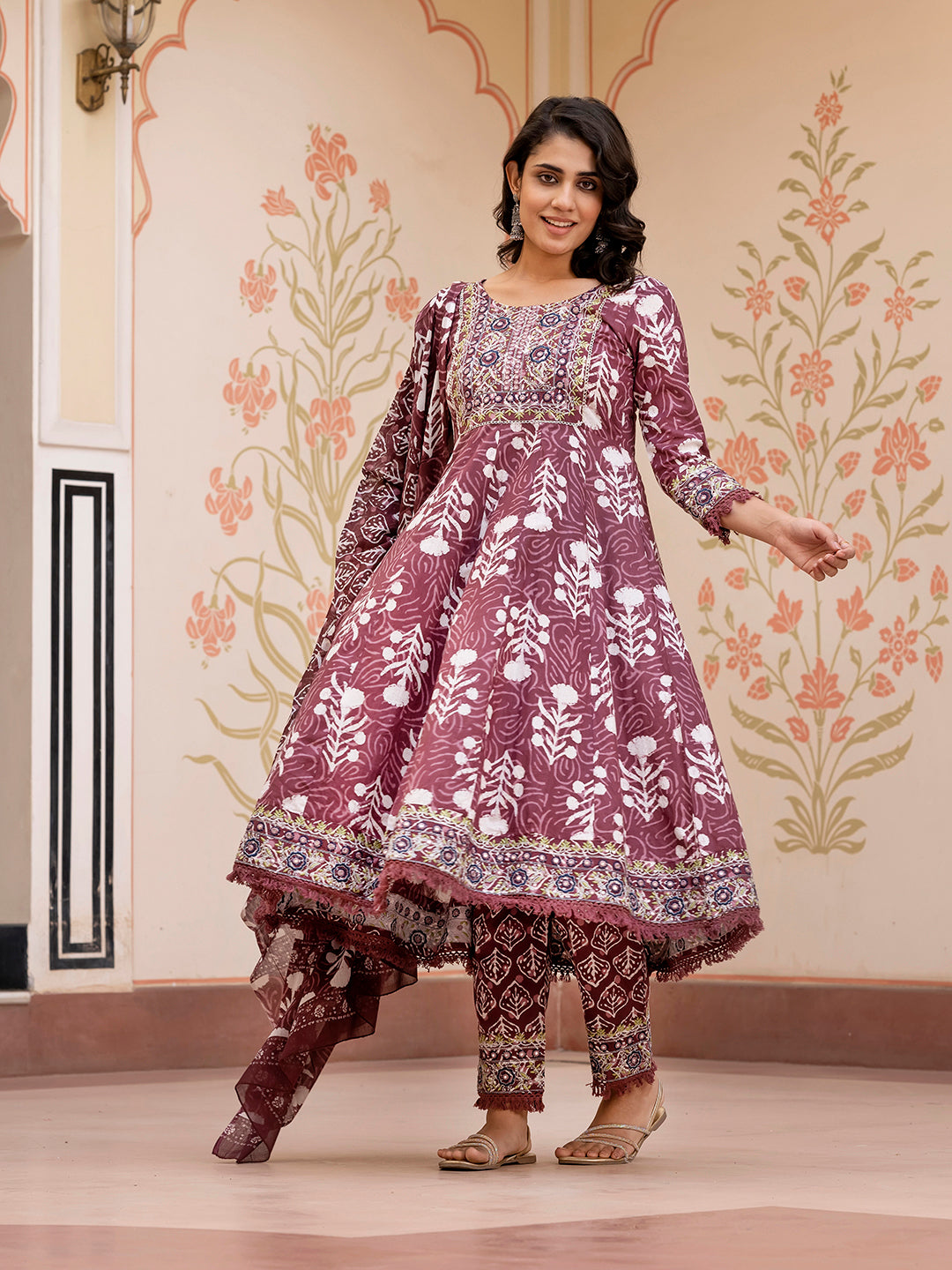 Jaitpuriya Women Brown Mirror Work Chikankari Anarkali Kurta Bottom And Dupatta