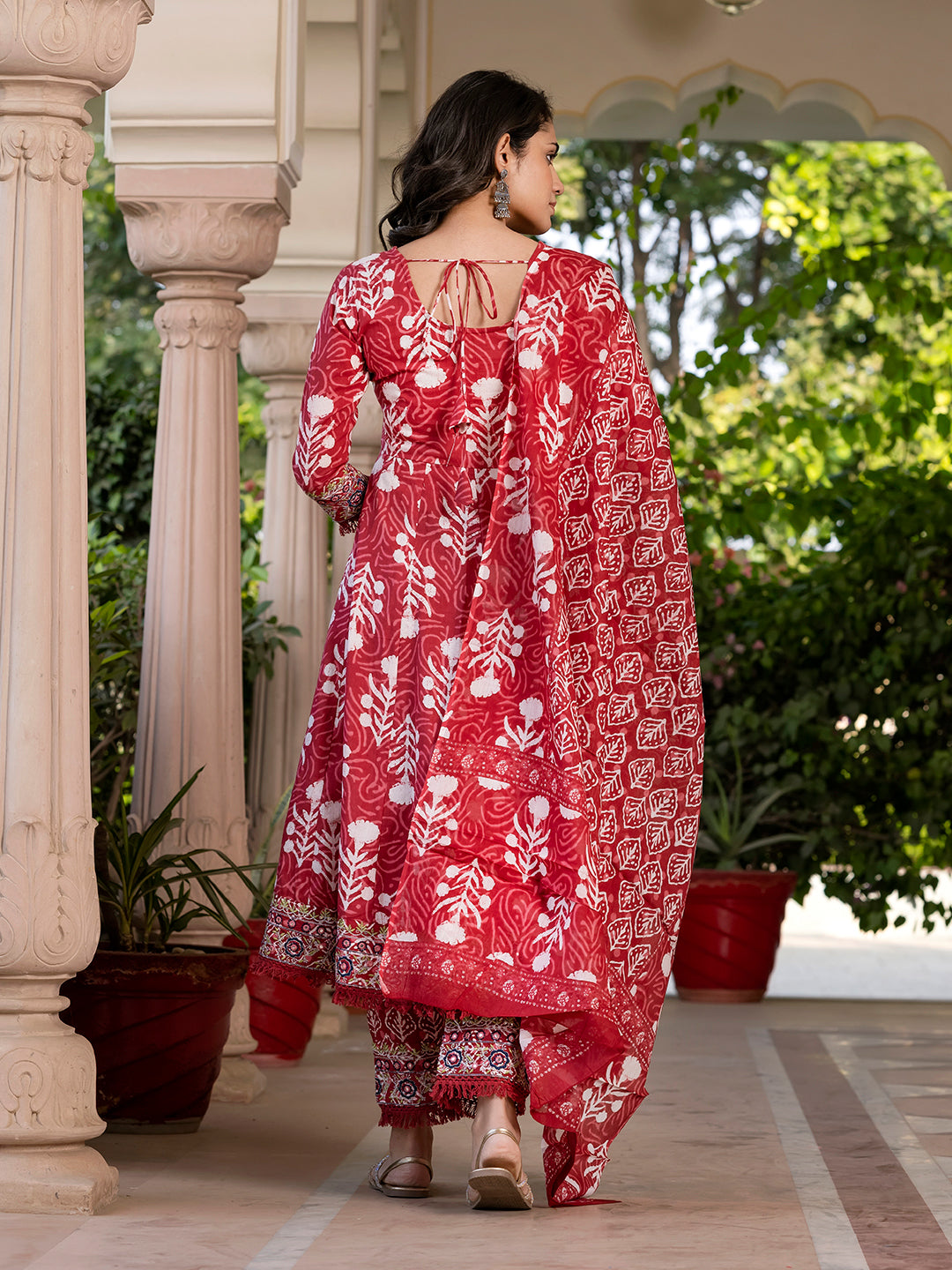 Jaitpuriya Women Maroon Mirror Work Chikankari Anarkali Kurta Bottom And Dupatta