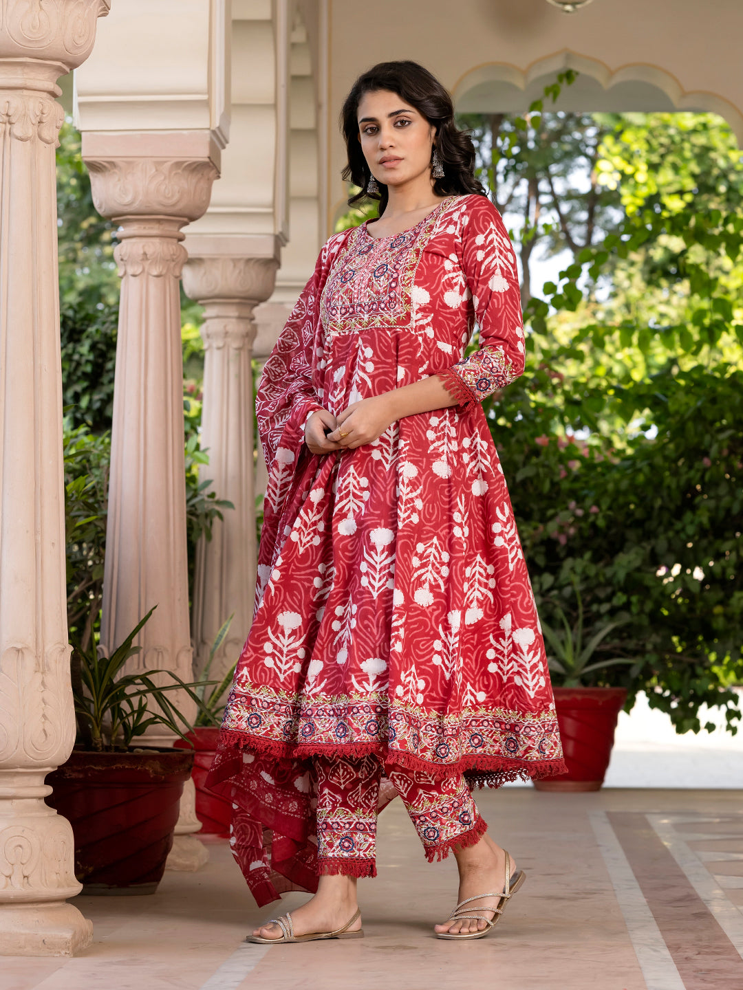 Jaitpuriya Women Maroon Mirror Work Chikankari Anarkali Kurta Bottom And Dupatta
