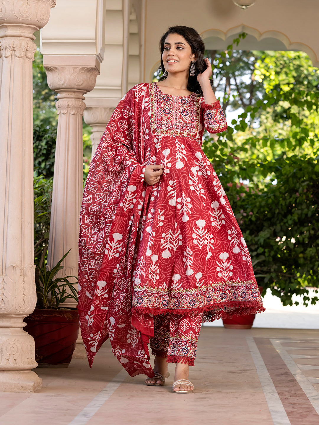 Jaitpuriya Women Maroon Mirror Work Chikankari Anarkali Kurta Bottom And Dupatta