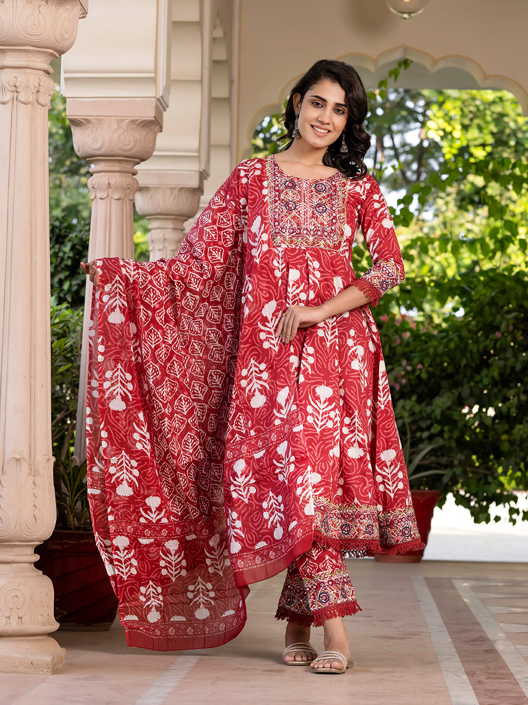Jaitpuriya Women Maroon Mirror Work Chikankari Anarkali Kurta Bottom And Dupatta
