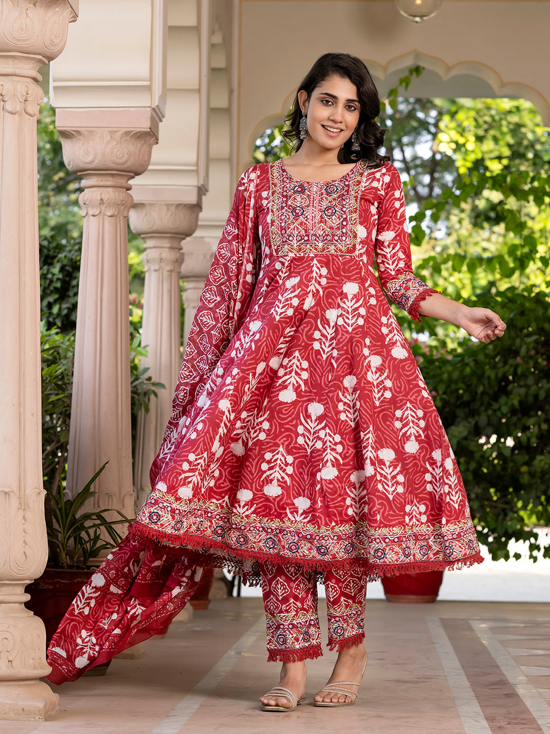 Jaitpuriya Women Maroon Mirror Work Chikankari Anarkali Kurta Bottom And Dupatta