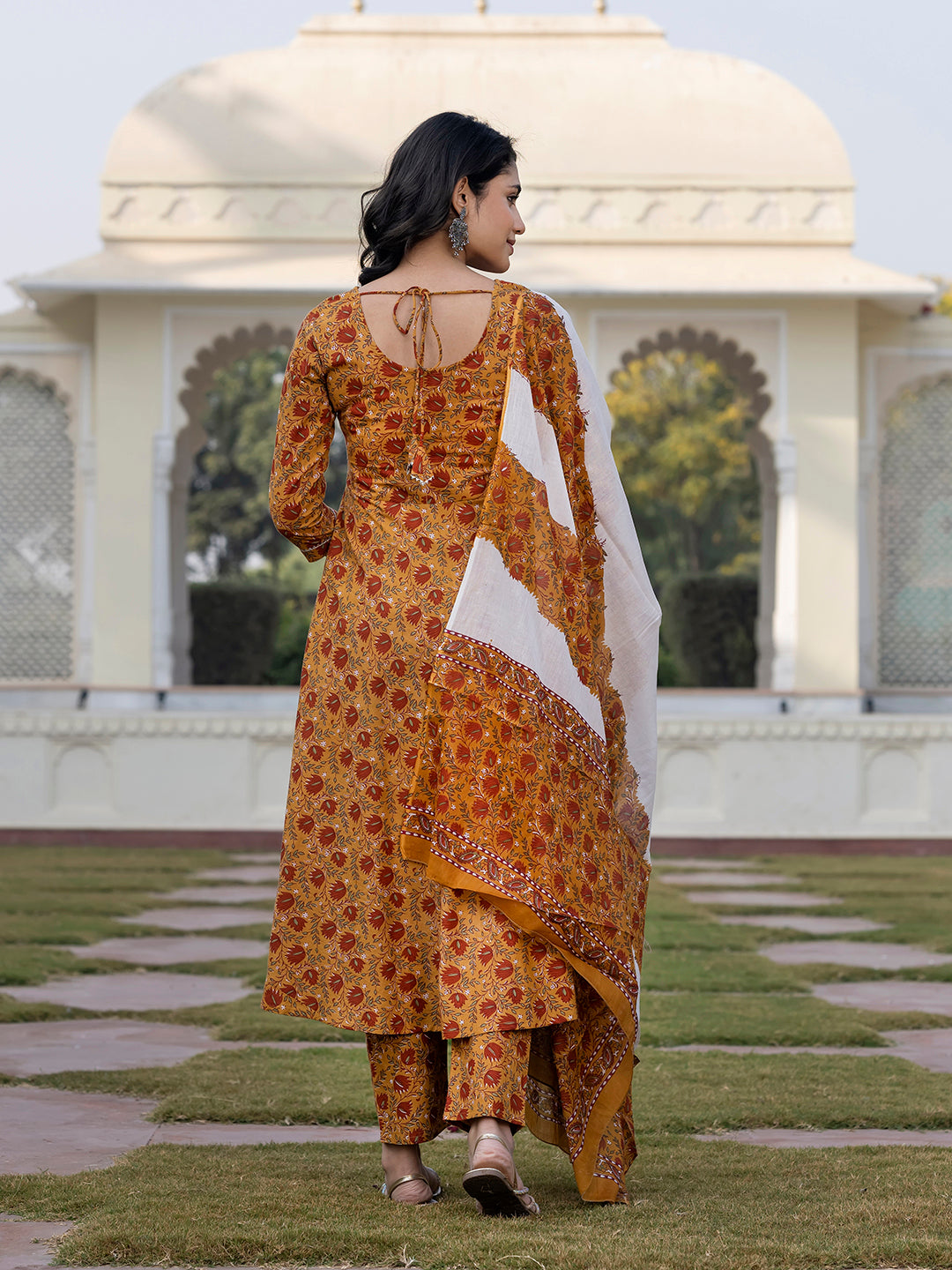Jaitpuriya Women Mustard Yellow Chikankari Anarkali Kurta Bottom And Dupatta
