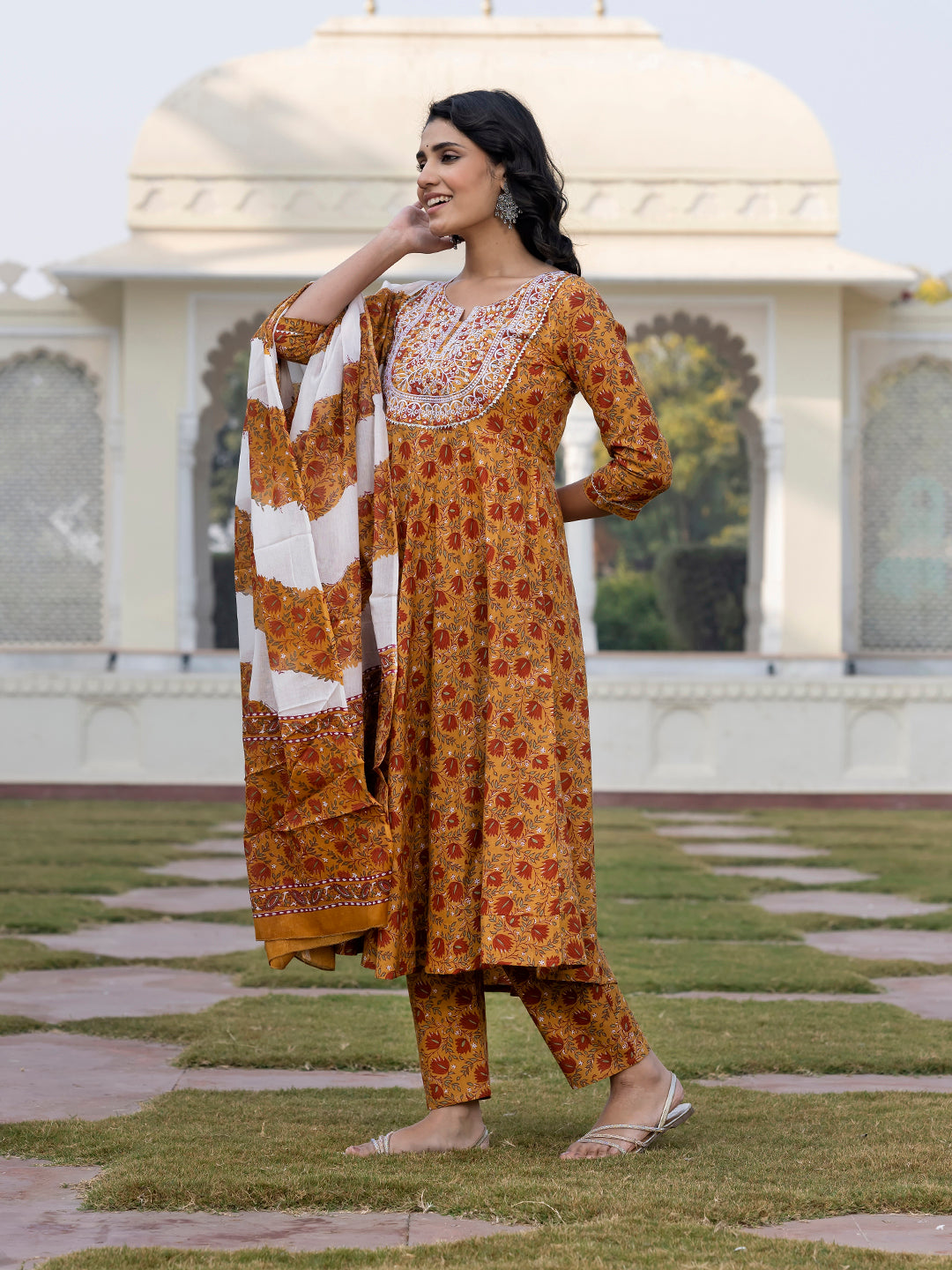 Jaitpuriya Women Mustard Yellow Chikankari Anarkali Kurta Bottom And Dupatta