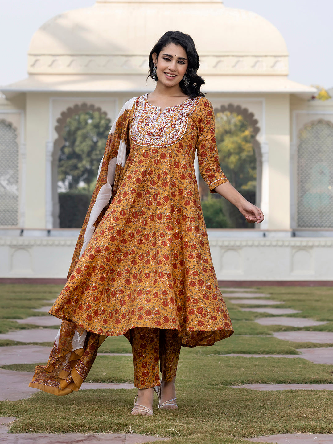 Jaitpuriya Women Mustard Yellow Chikankari Anarkali Kurta Bottom And Dupatta