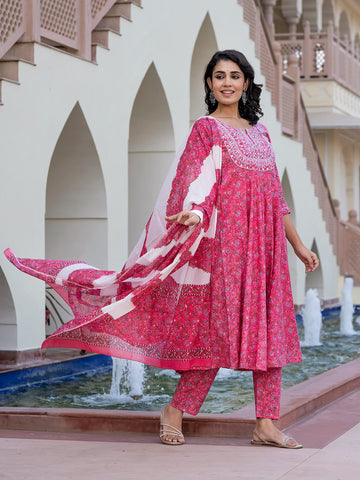 Jaitpuriya Women Pink Chikankari Anarkali Kurta Bottom And Dupatta