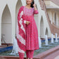 Jaitpuriya Women Pink Chikankari Anarkali Kurta Bottom And Dupatta