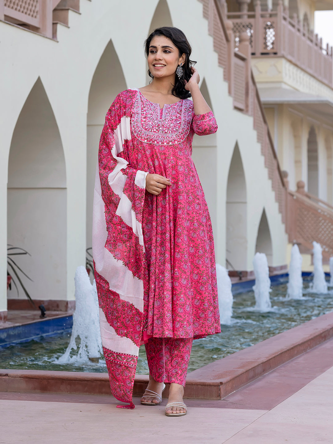 Jaitpuriya Women Pink Chikankari Anarkali Kurta Bottom And Dupatta