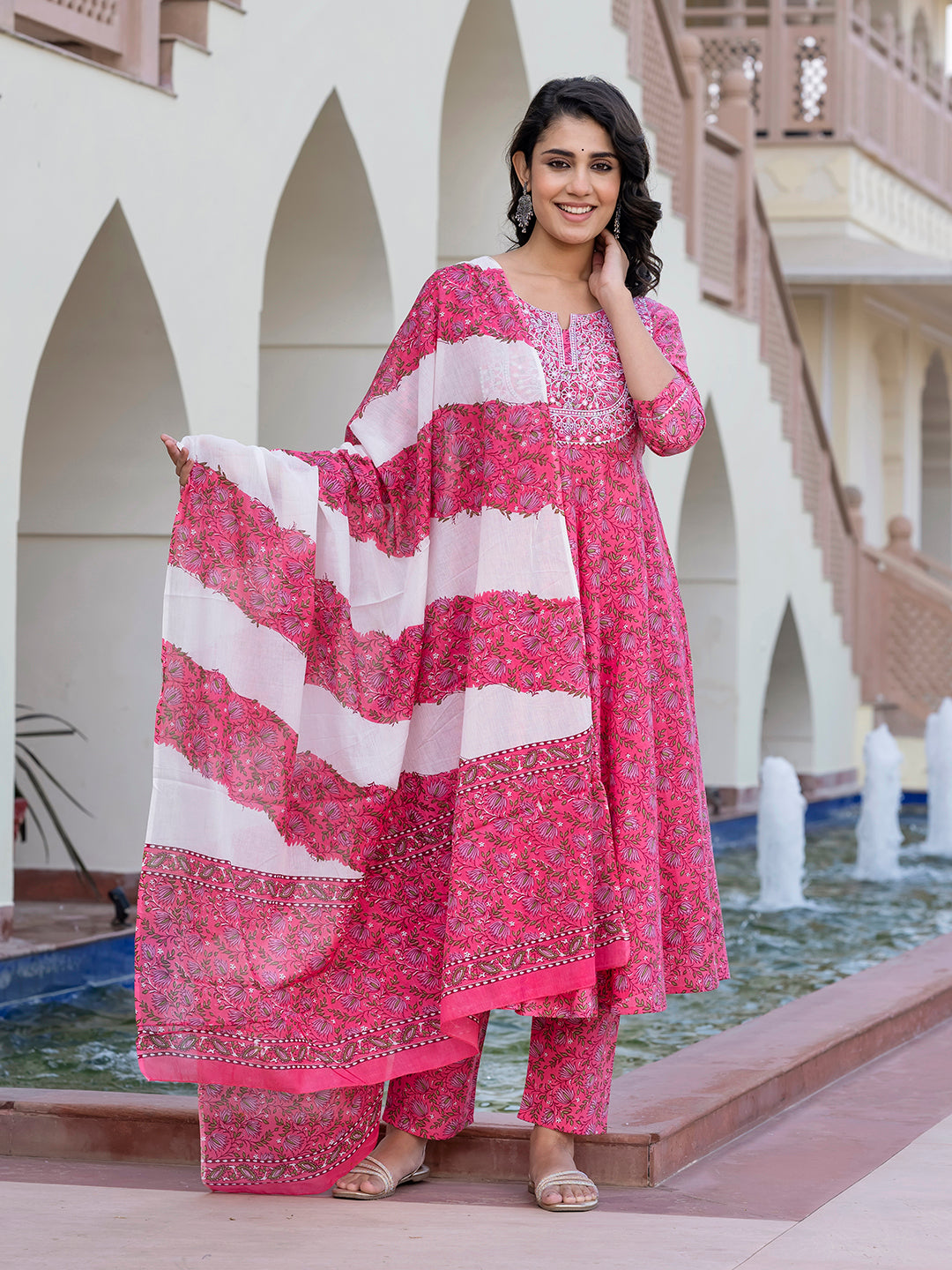 Jaitpuriya Women Pink Chikankari Anarkali Kurta Bottom And Dupatta