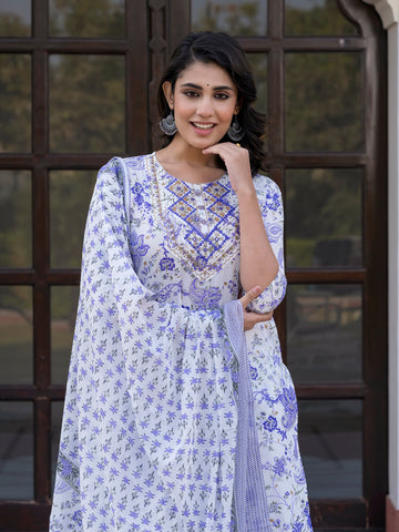 Jaitpuriya Women Blue And White Zari Work Straight Kurta Bottom And Dupatta