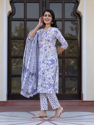 Jaitpuriya Women Blue And White Zari Work Straight Kurta Bottom And Dupatta