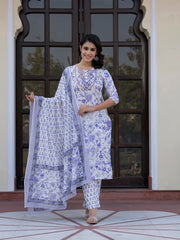 Jaitpuriya Women Blue And White Zari Work Straight Kurta Bottom And Dupatta