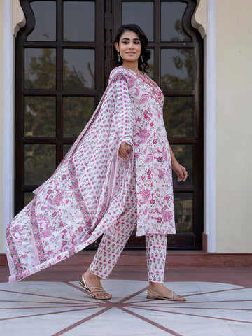 Jaitpuriya Women Pink And White Zari Work Straight Kurta Bottom And Dupatta