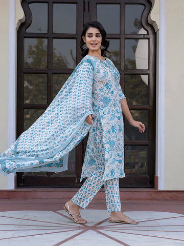 Jaitpuriya Women Sky Blue And White Zari Work Straight Kurta Bottom And Dupatta