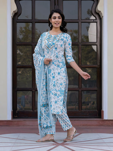 Jaitpuriya Women Sky Blue And White Zari Work Straight Kurta Bottom And Dupatta