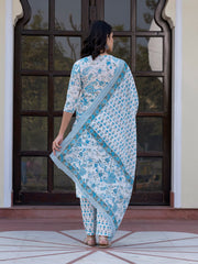 Jaitpuriya Women Sky Blue And White Zari Work Straight Kurta Bottom And Dupatta