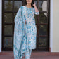 Jaitpuriya Women Sky Blue And White Zari Work Straight Kurta Bottom And Dupatta