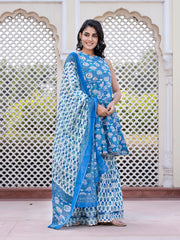 Jaitpuriya Women Blue Floral Print Anarkali Kurta Bottom And Dupatta