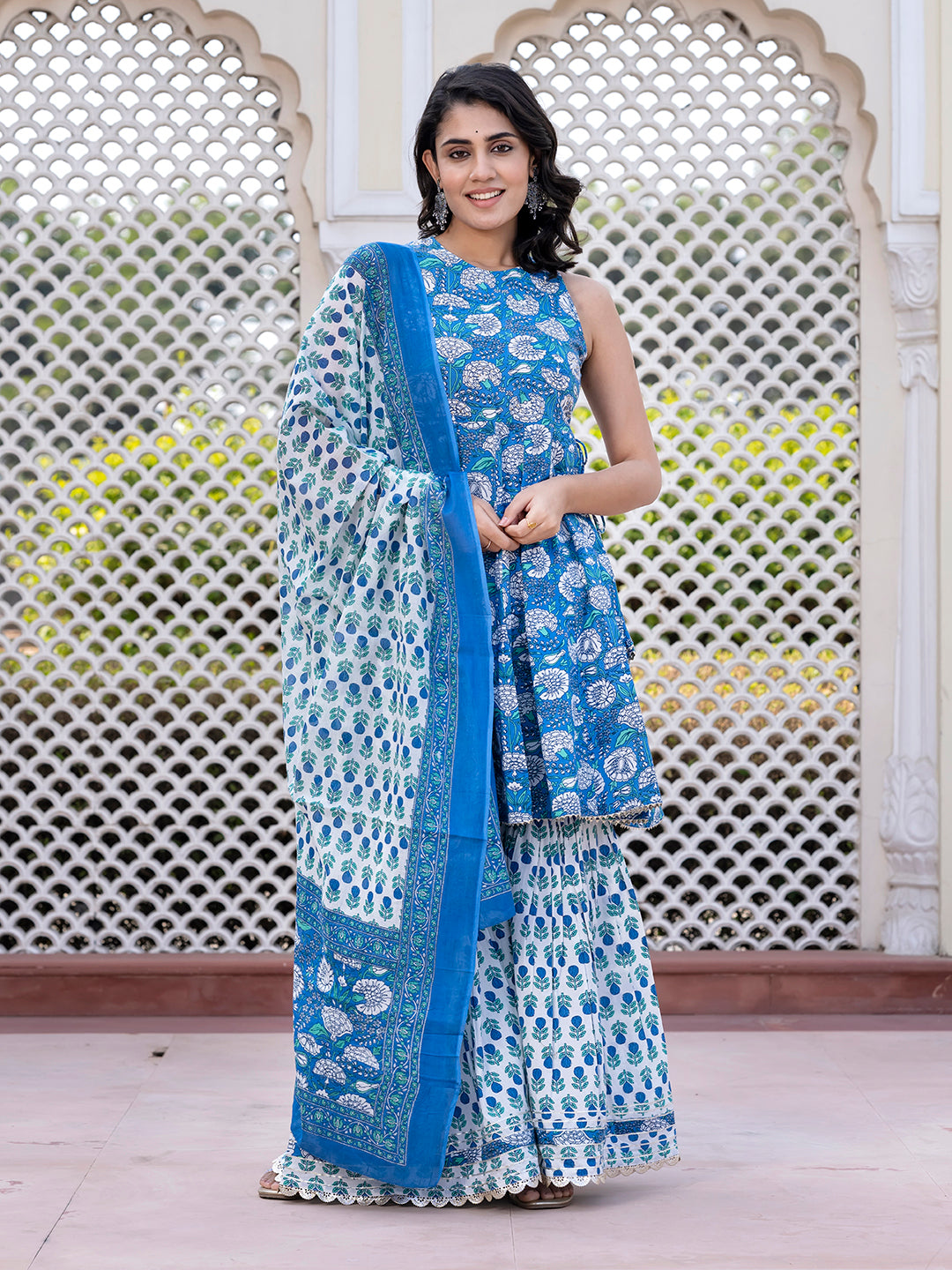 Jaitpuriya Women Blue Floral Print Anarkali Kurta Bottom And Dupatta