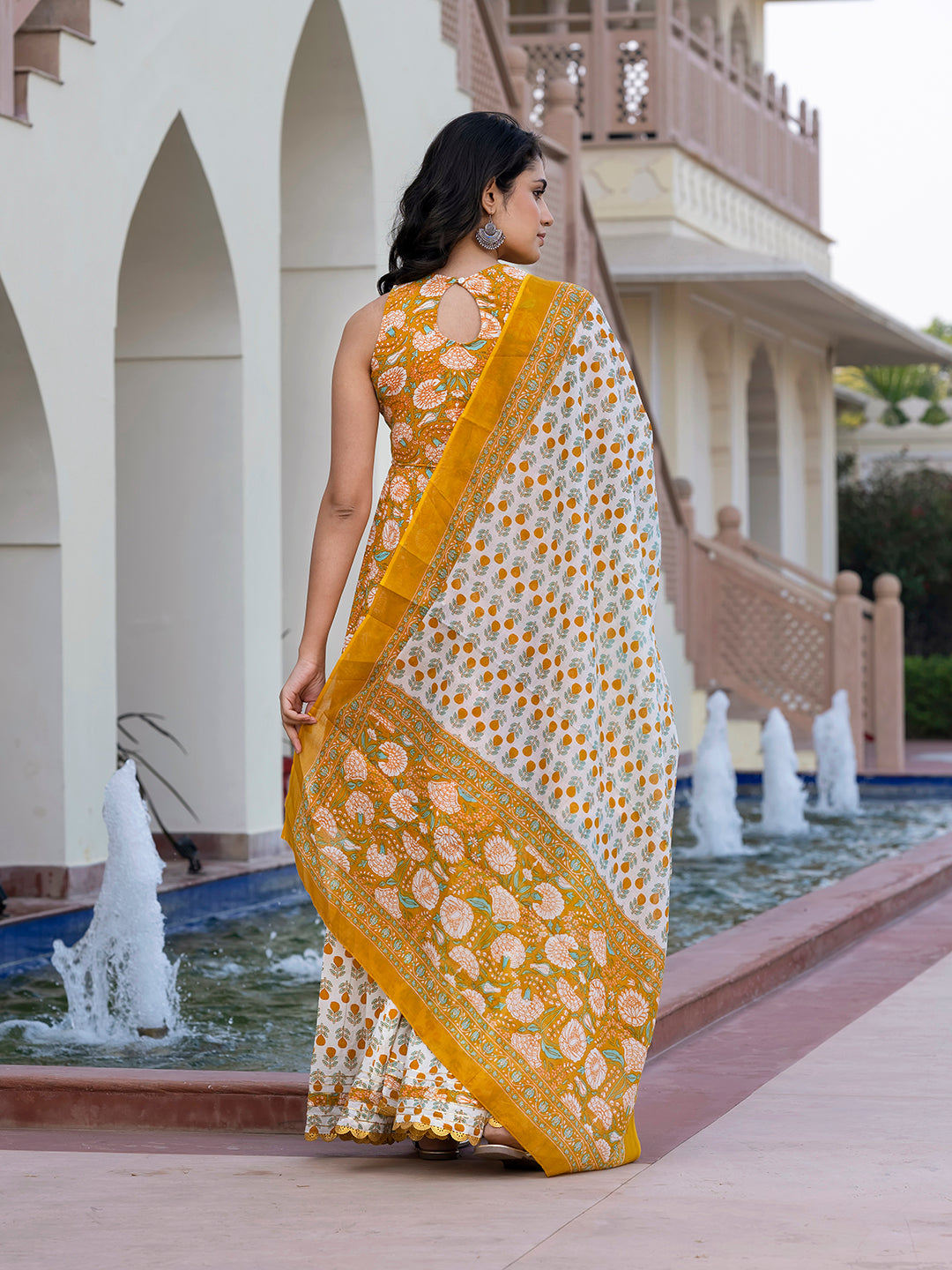 Jaitpuriya Women Mustard Yellow Floral Print Anarkali Kurta Bottom And Dupatta