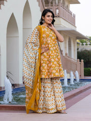 Jaitpuriya Women Mustard Yellow Floral Print Anarkali Kurta Bottom And Dupatta