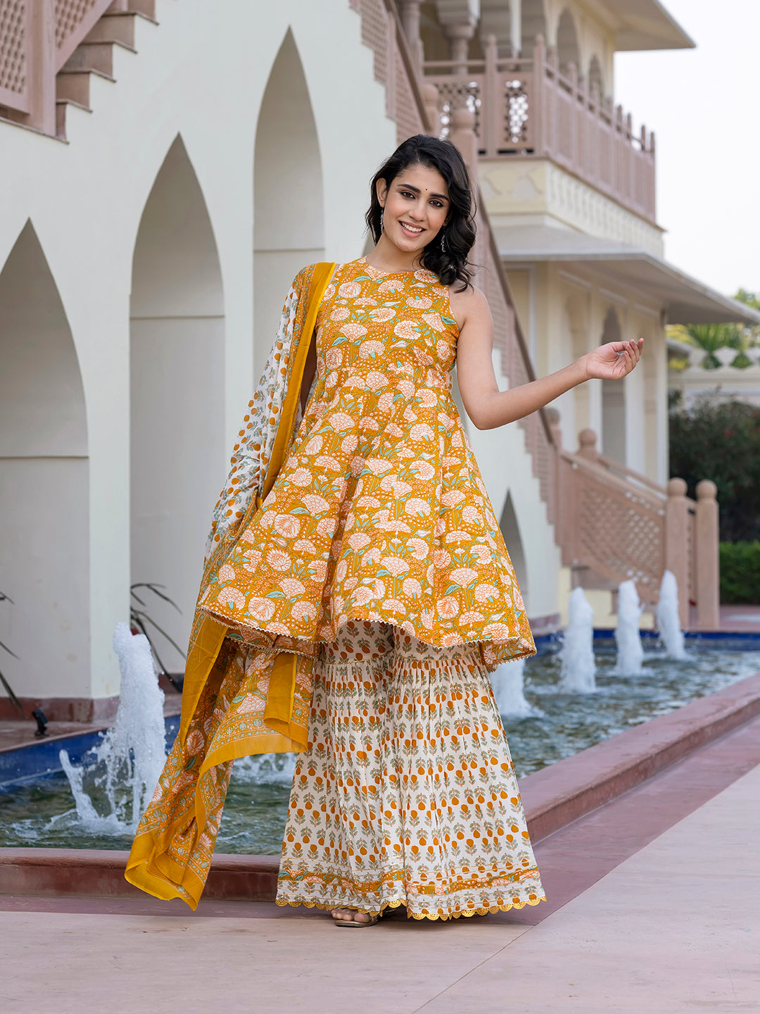Jaitpuriya Women Mustard Yellow Floral Print Anarkali Kurta Bottom And Dupatta