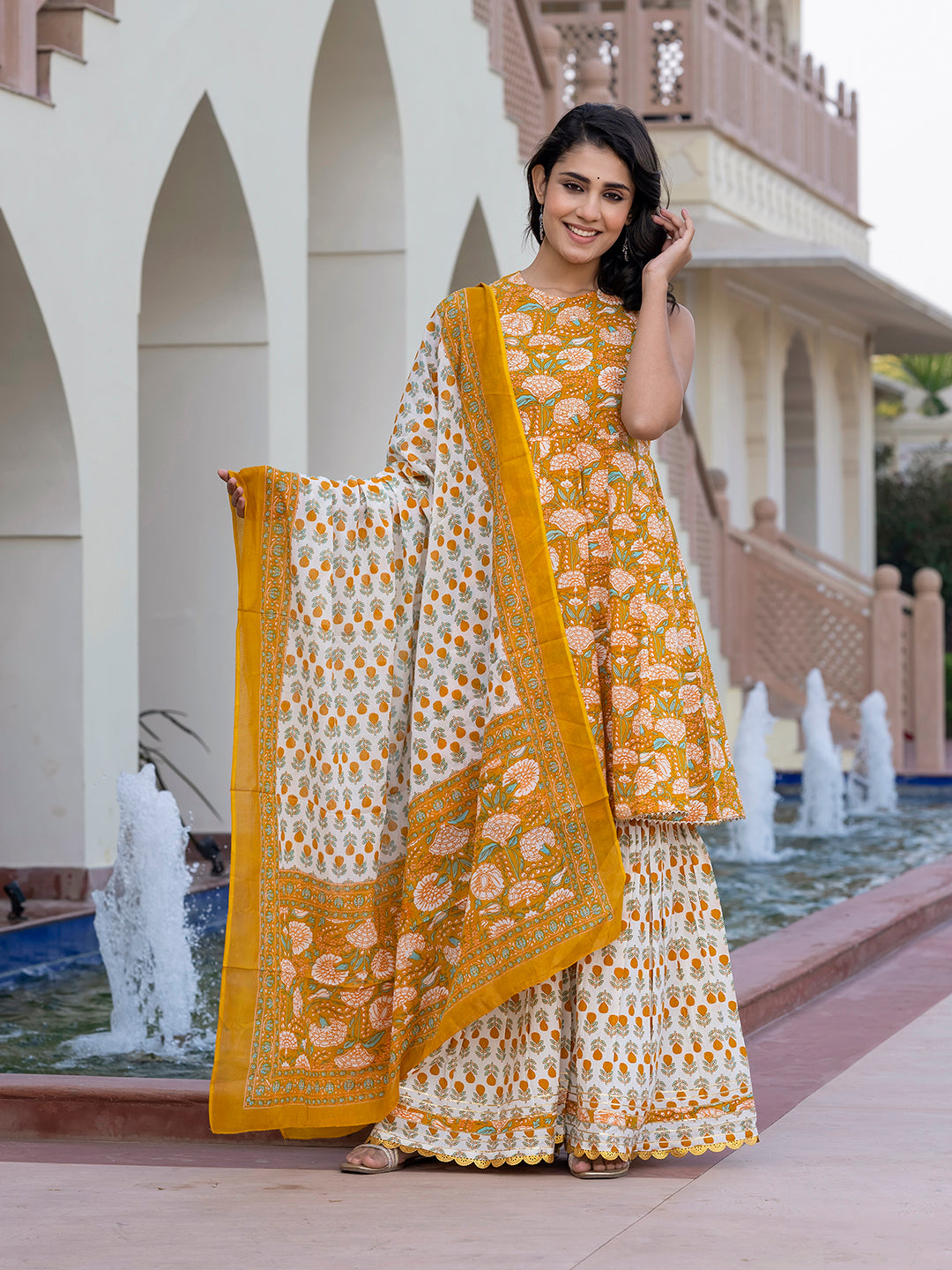 Jaitpuriya Women Mustard Yellow Floral Print Anarkali Kurta Bottom And Dupatta