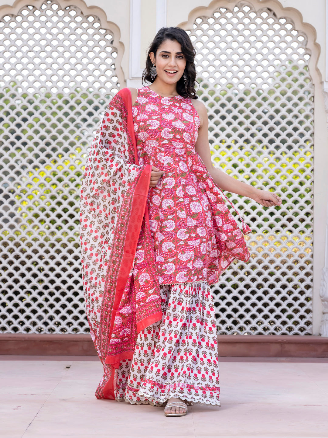 Jaitpuriya Women Pink Floral Print Anarkali Kurta Bottom And Dupatta