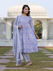 Jaitpuriya Women Blue Mirror Work Anarkali Kurta Bottom And Dupatta
