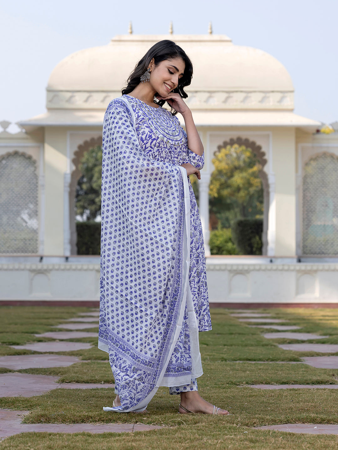 Jaitpuriya Women Blue Mirror Work Anarkali Kurta Bottom And Dupatta