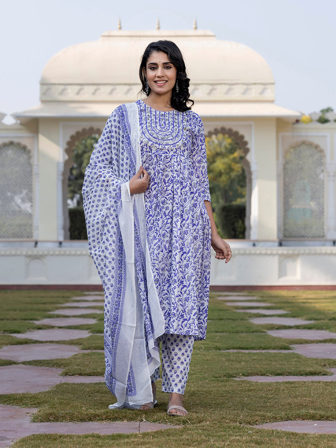 Jaitpuriya Women Blue Mirror Work Anarkali Kurta Bottom And Dupatta