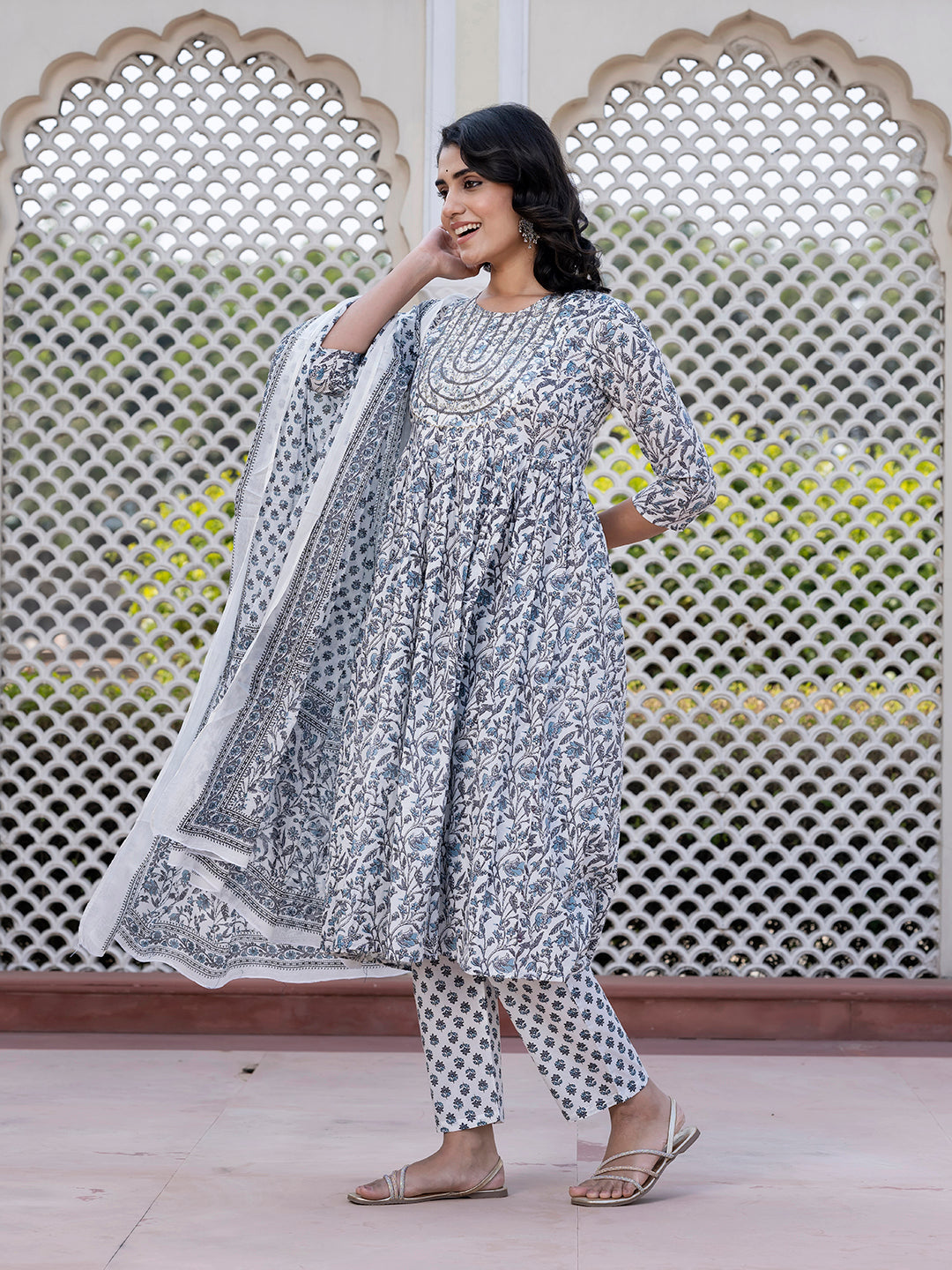 Jaitpuriya Women Grey Mirror Work Anarkali Kurta Bottom And Dupatta