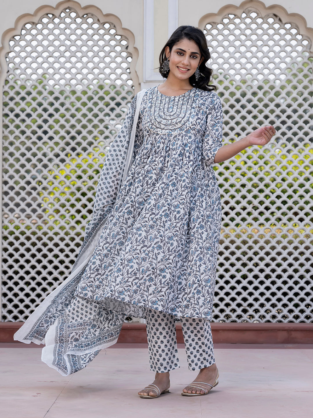 Jaitpuriya Women Grey Mirror Work Anarkali Kurta Bottom And Dupatta
