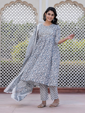 Jaitpuriya Women Grey Mirror Work Anarkali Kurta Bottom And Dupatta