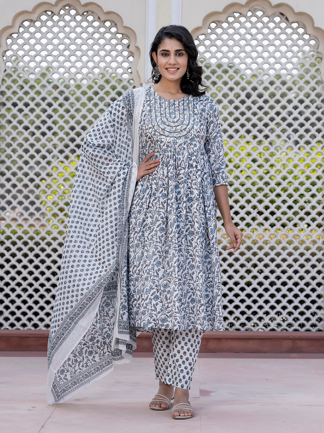 Jaitpuriya Women Grey Mirror Work Anarkali Kurta Bottom And Dupatta