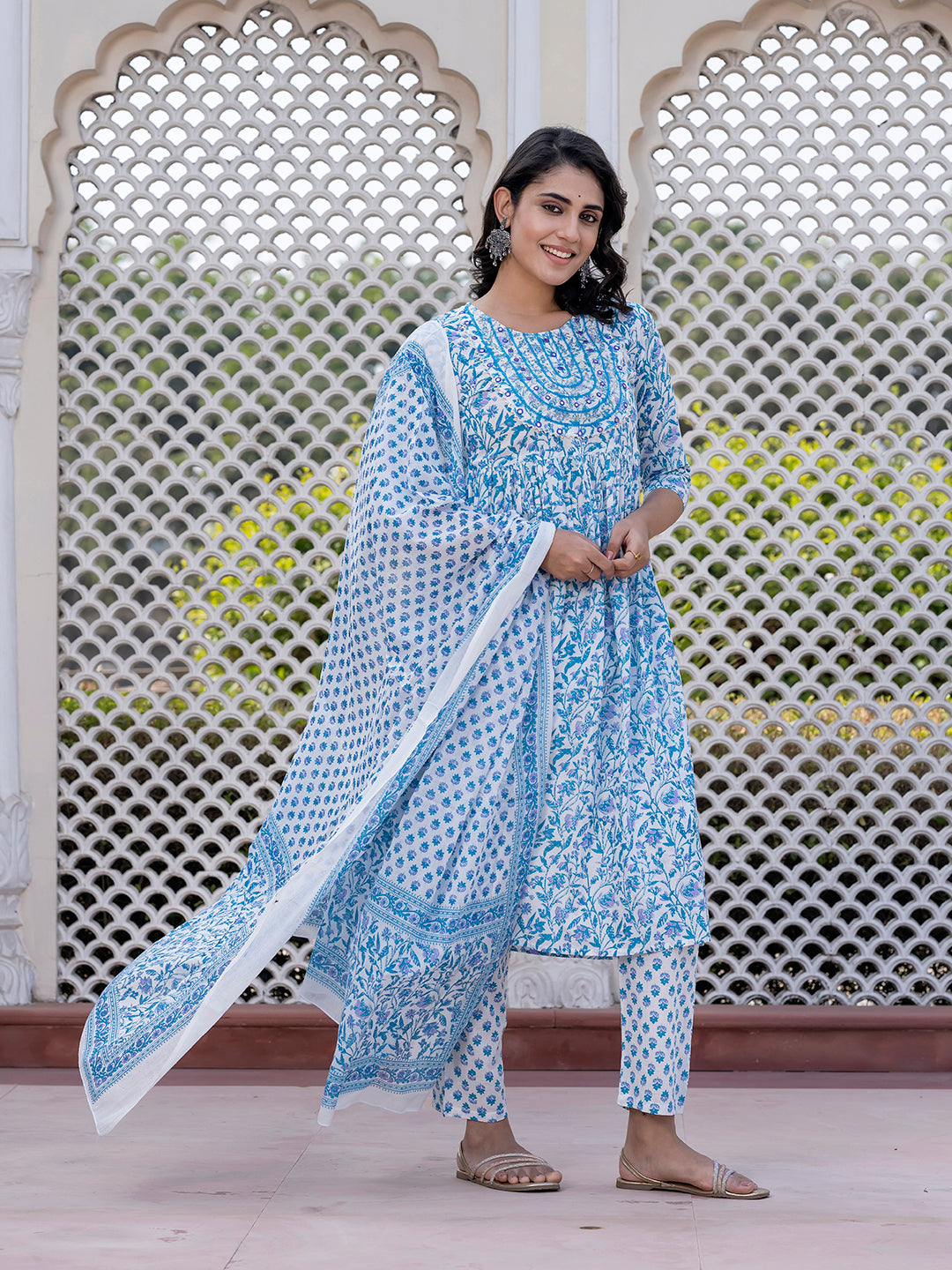 Jaitpuriya Women Turquoise blue Mirror Work Anarkali Kurta Bottom And Dupatta