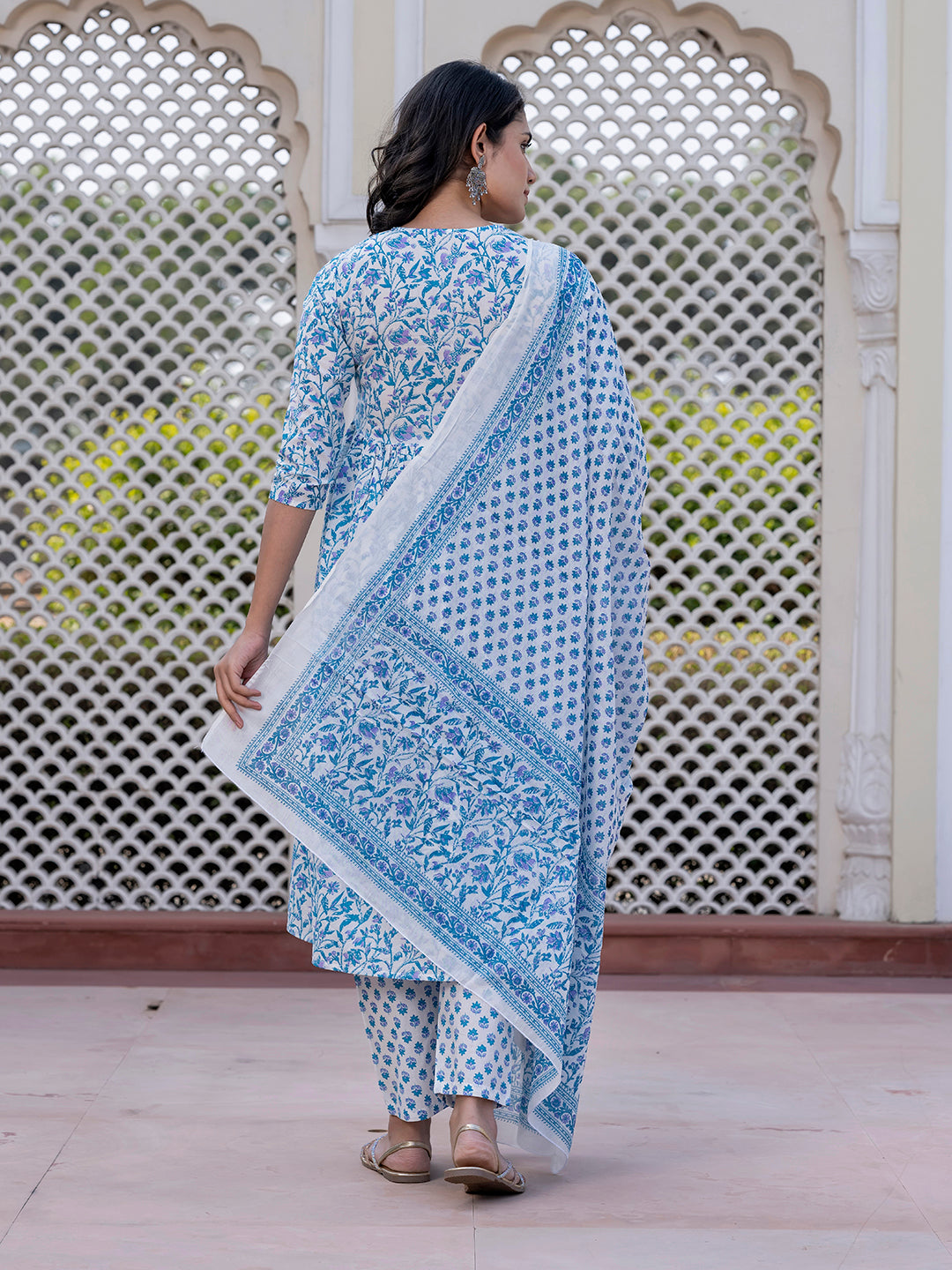Jaitpuriya Women Turquoise blue Mirror Work Anarkali Kurta Bottom And Dupatta