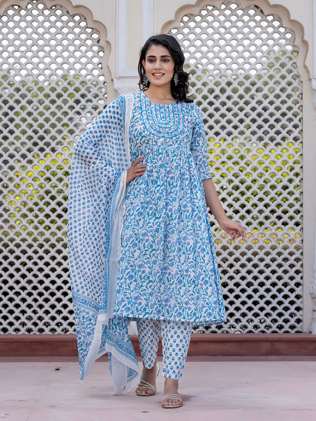 Jaitpuriya Women Turquoise blue Mirror Work Anarkali Kurta Bottom And Dupatta
