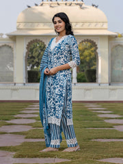 Jaitpuriya Women Blue And Off White Floral Print Straight Kurta Bottom And Dupatta