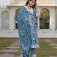 Jaitpuriya Women Blue And Off White Floral Print Straight Kurta Bottom And Dupatta